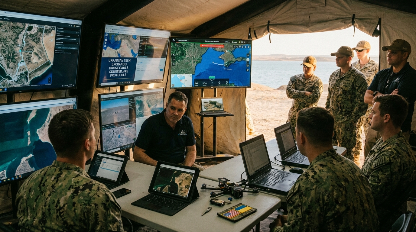 US Navy destroyer in the Persian Gulf with an advanced surveillance drone flying in the foreground.