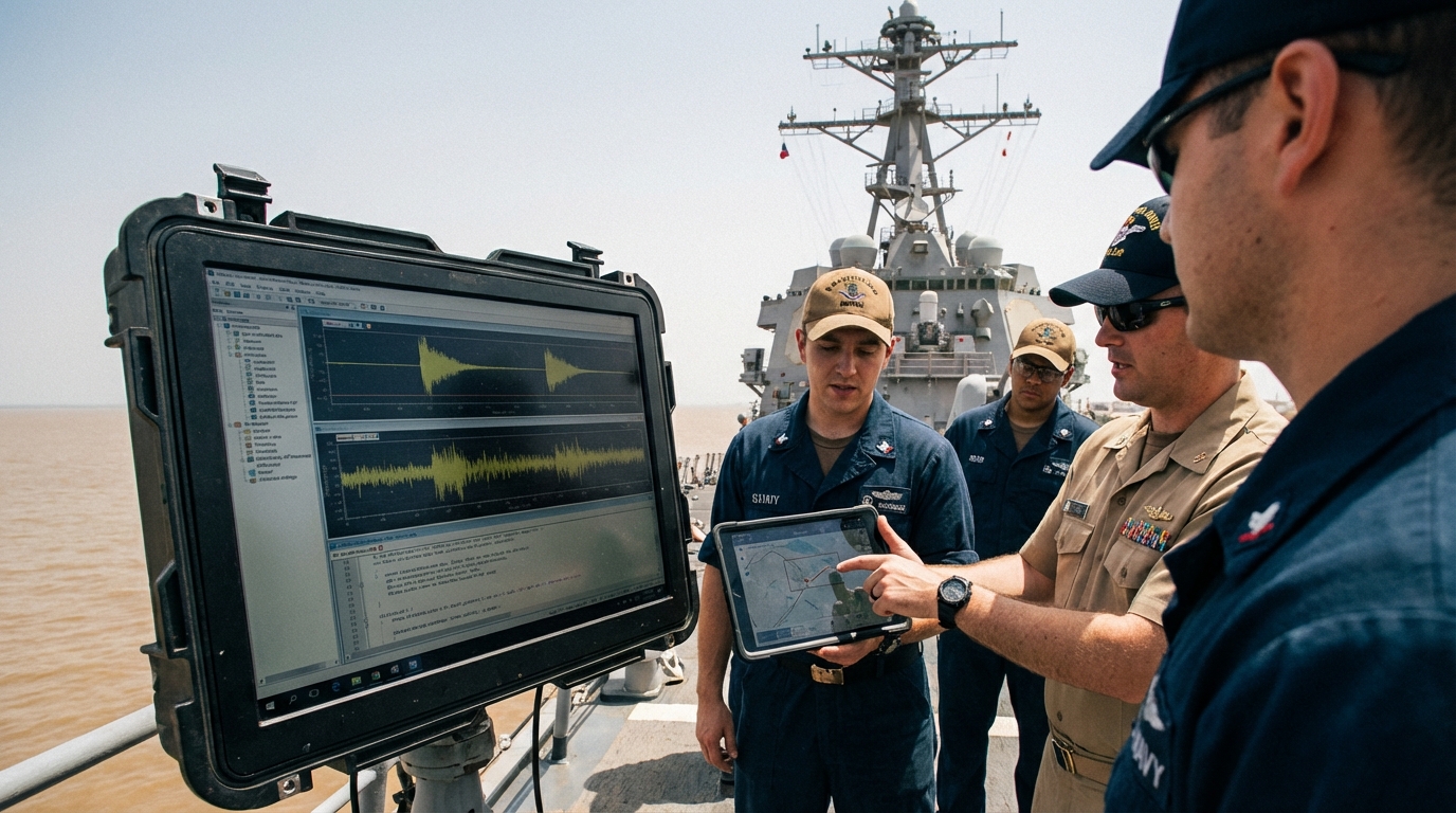 Tactical military screen showing drone frequency data and Gulf map with an operator's hand.