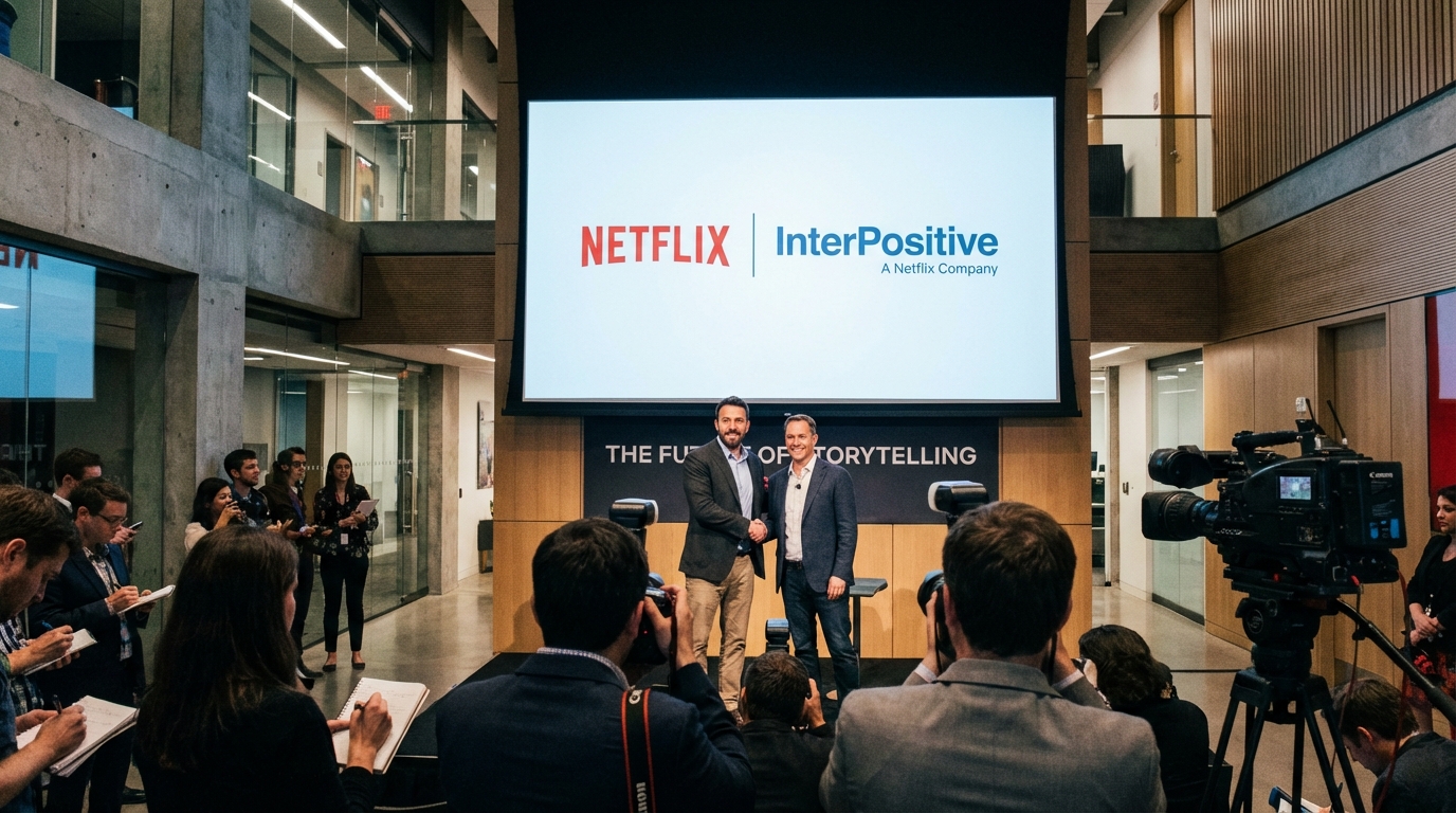 Conceptual art of a film camera merging with digital AI code representing the Netflix acquisition.