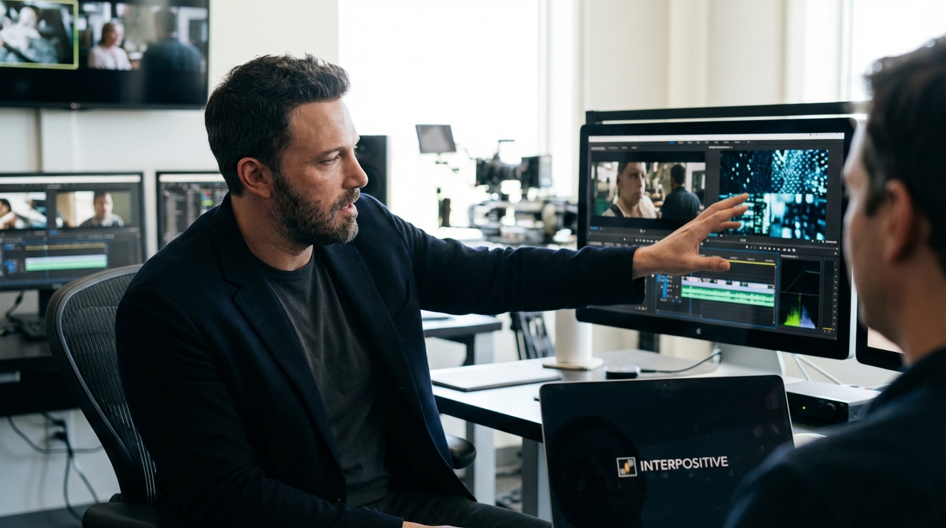 Ben Affleck examining AI film editing software on a holographic tablet in a studio.