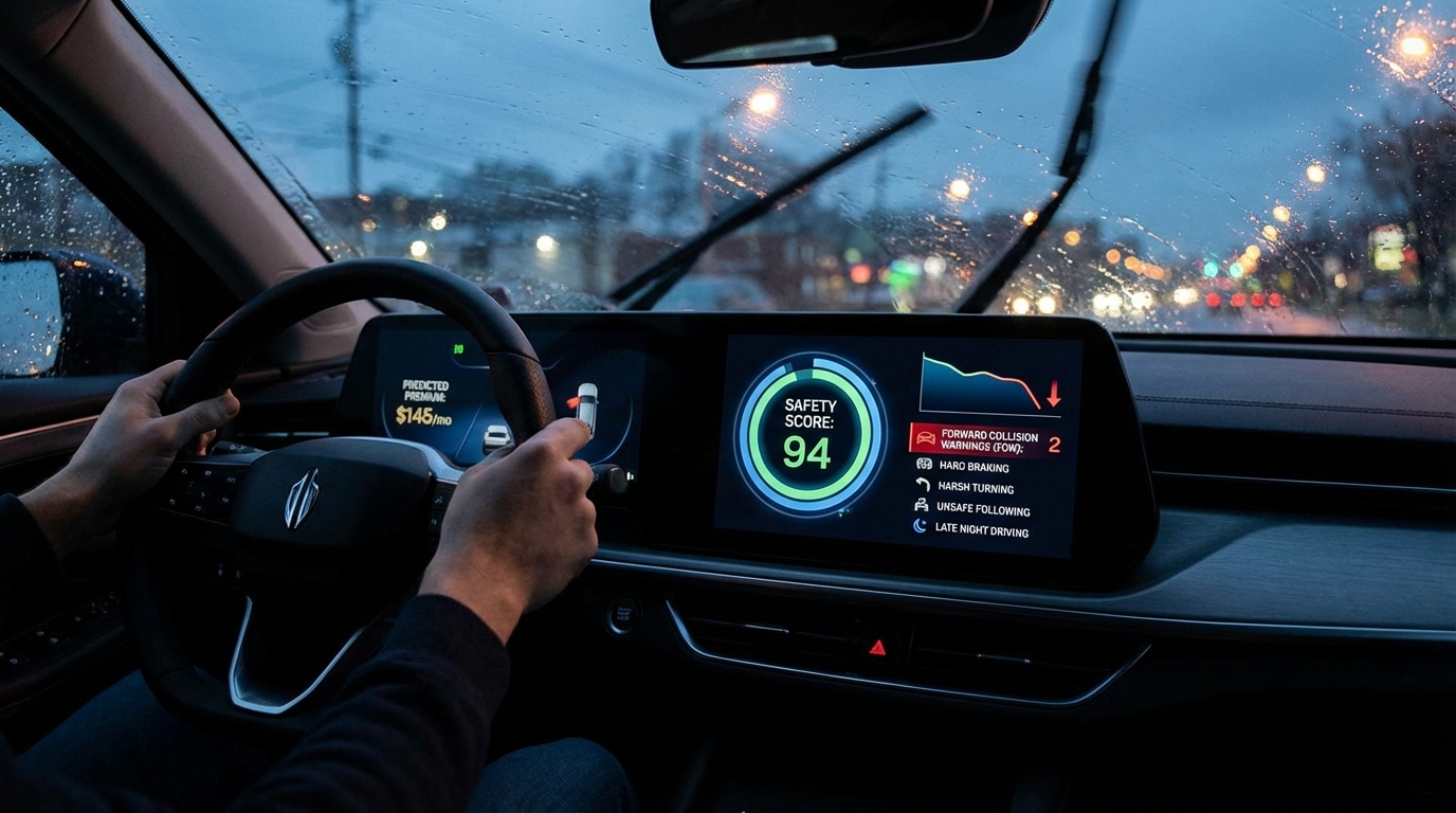 Close up of electric vehicle dashboard screen showing high safety score and driving metrics
