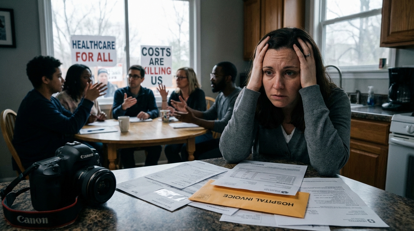 Person stressed over medical bills at kitchen table