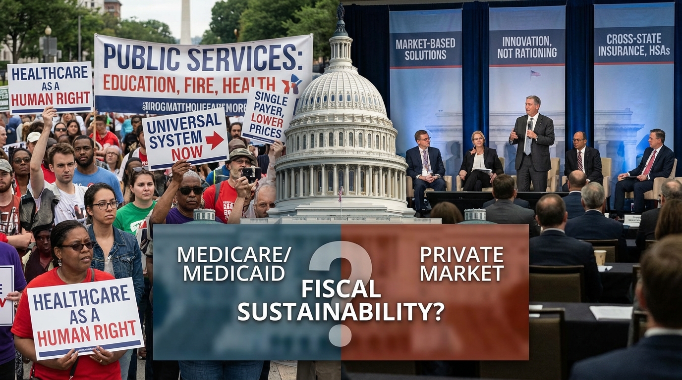 Split image of hospital hallway and government capitol building