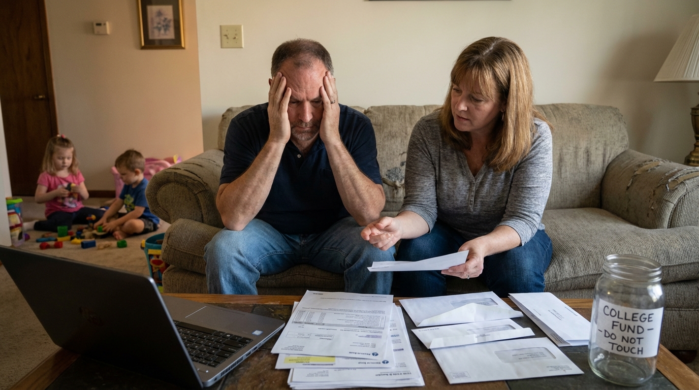 Family discussing healthcare documents on living room sofa