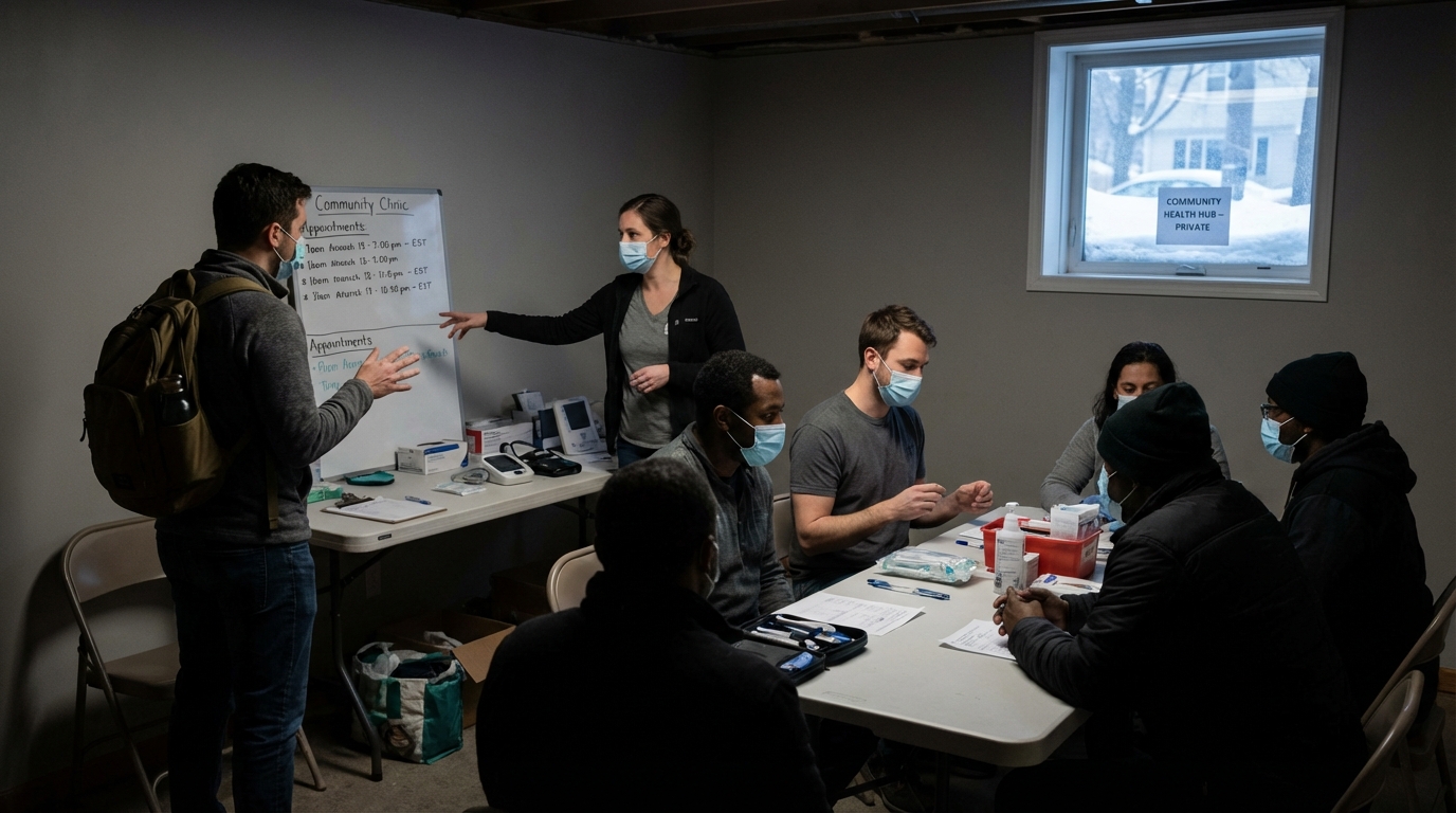 A doctor examining a patient in a secretive home visit during the evening