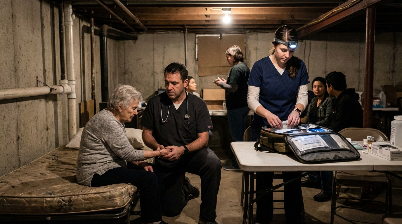 Hands exchanging medical supplies and medicine in a secret location