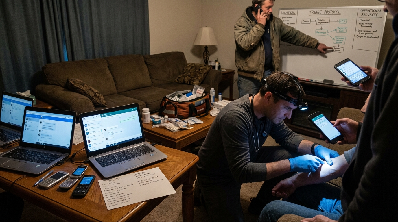 Encrypted message on a phone with medical supplies being packed in the background