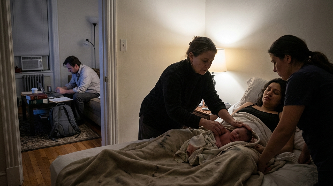 Mother seeking safety holding newborn baby near a window