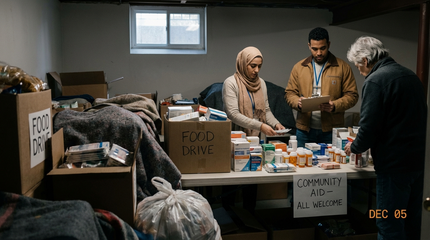 Community volunteers organizing medical and food supplies in a basement