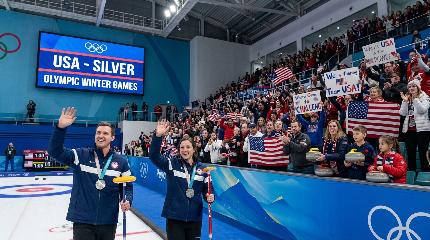 Close-up of a curling stone gliding on pebbled ice during a competition