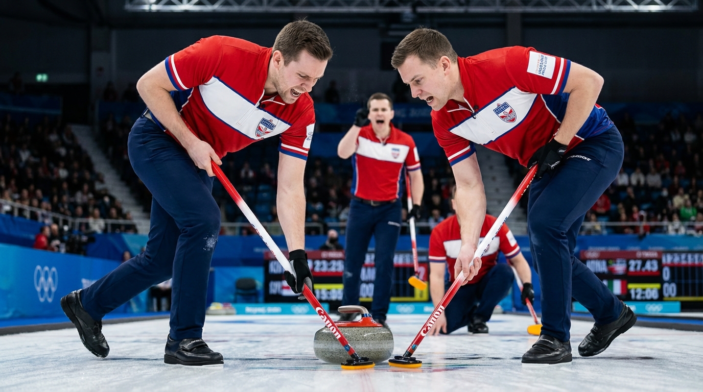 Two curling athletes rigorously sweeping the ice in front of a moving stone