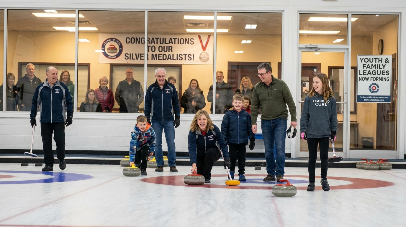 A family and diverse group of people enjoying a curling lesson at a local ice rink