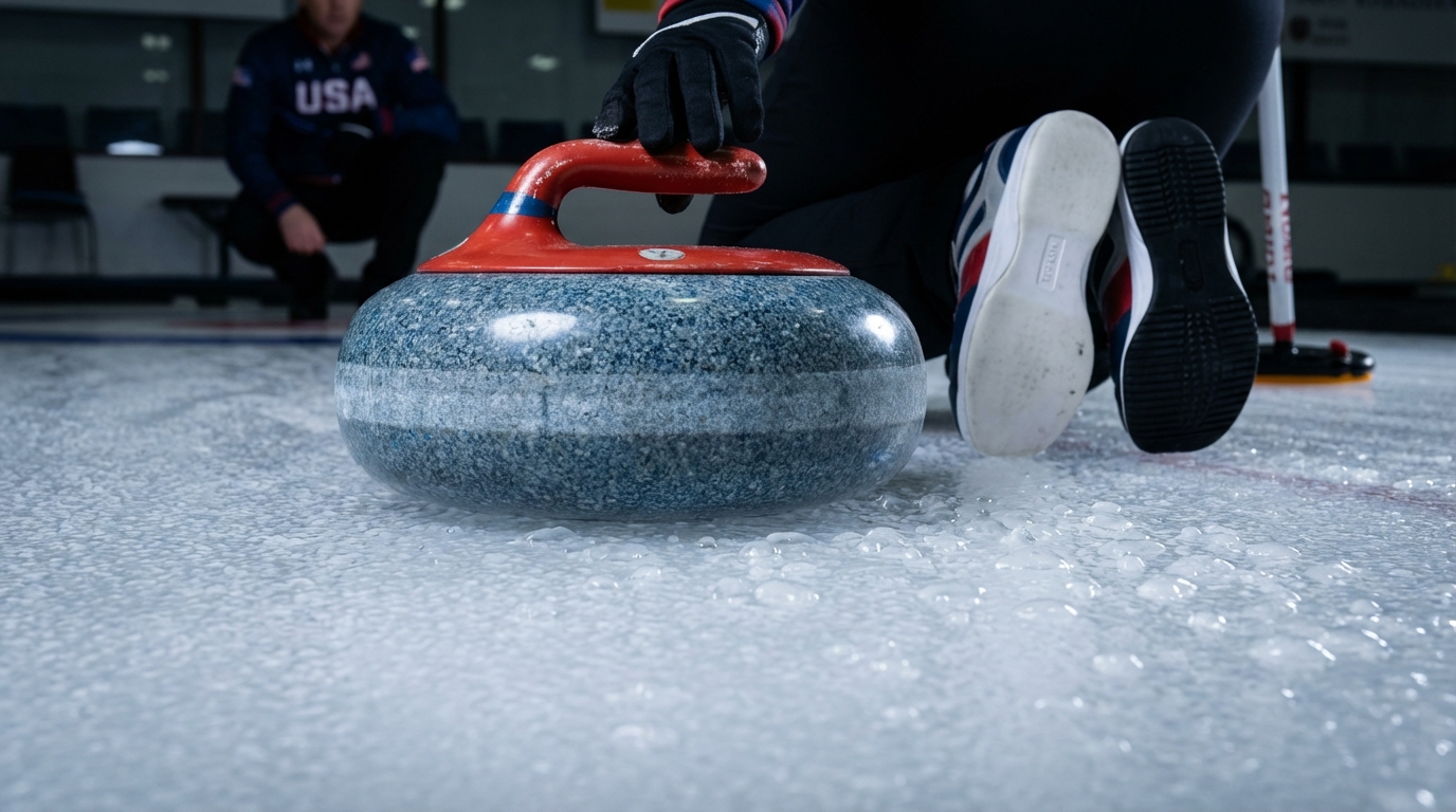 Detailed arrangement of curling equipment including broom, stone, and slider shoes on ice
