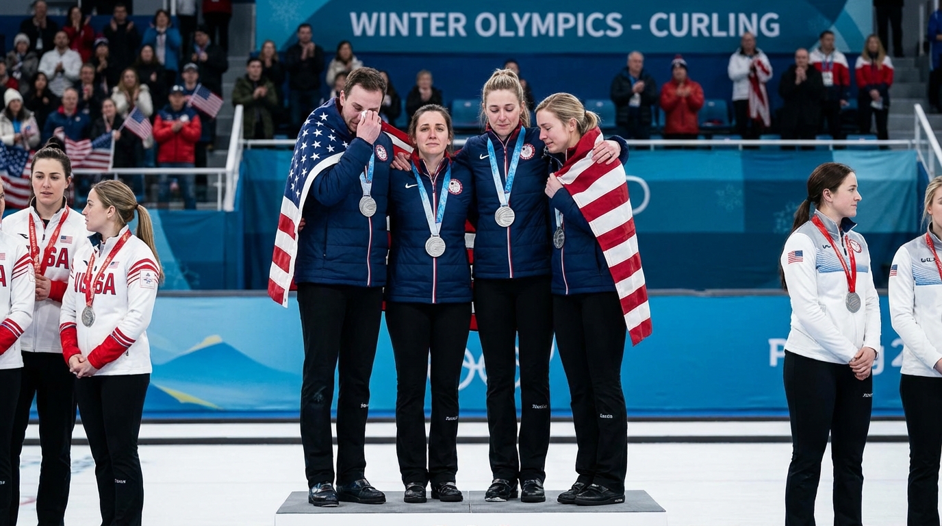 USA Curling team celebrating on the podium with silver medals and American flag