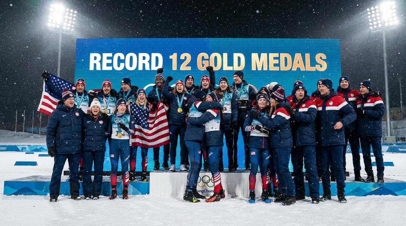Team USA athletes celebrating their record breaking 12 gold medal victory on the Olympic podium