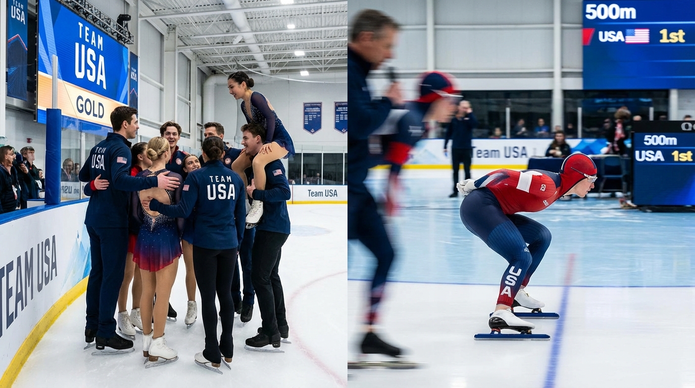 American figure skater performing an artistic routine on ice leading to a gold medal win