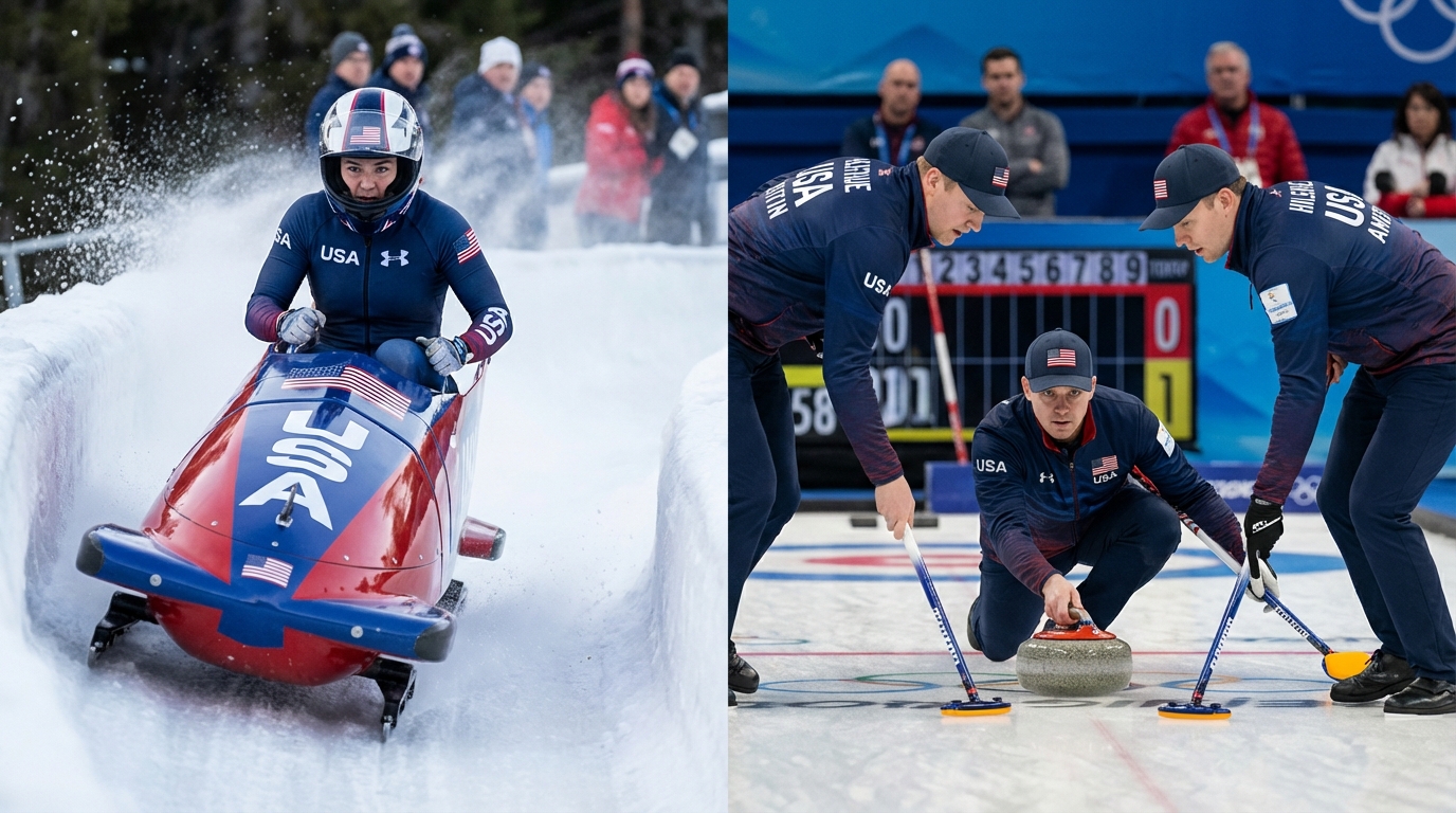 Close up action shot of Olympic curling stone and sweeping broom on ice