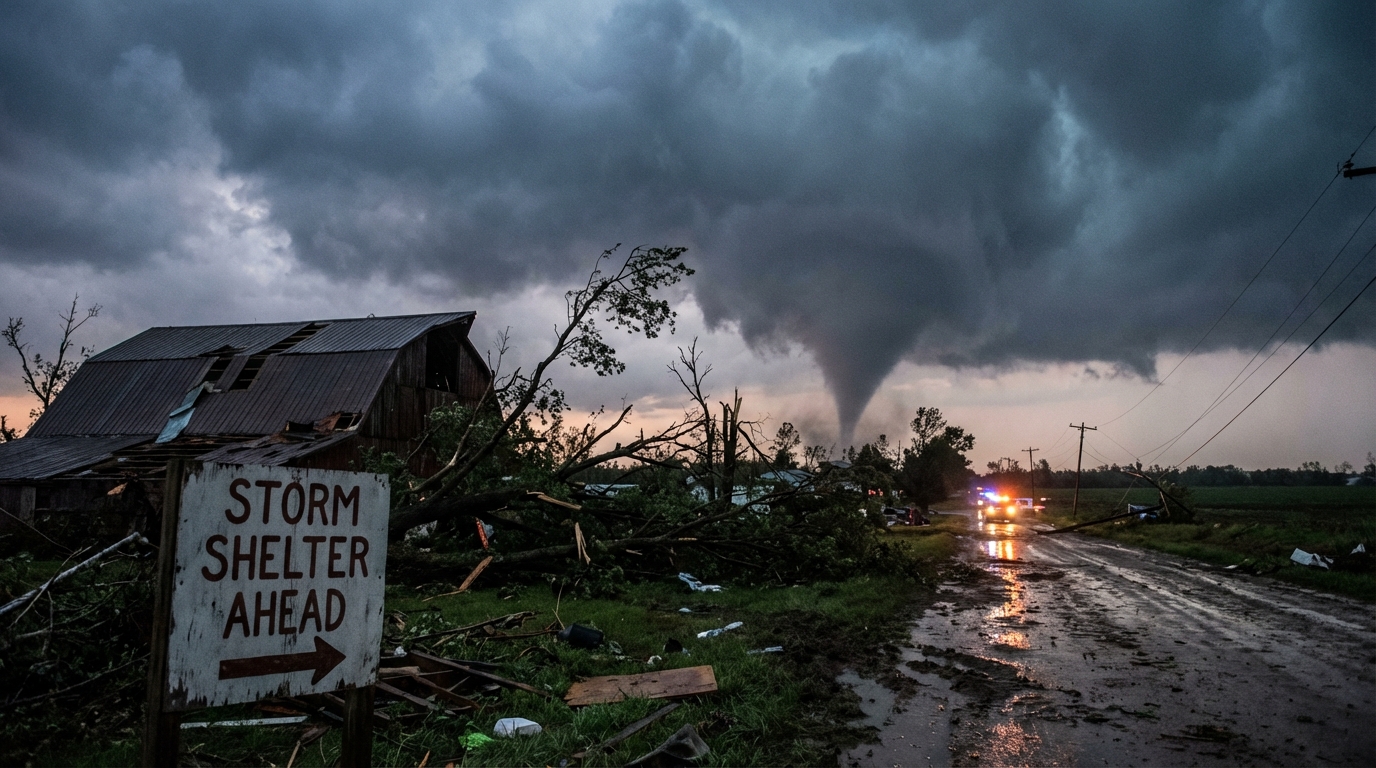 Ominous supercell thunderstorm cloud formation looming over a road at twilight.