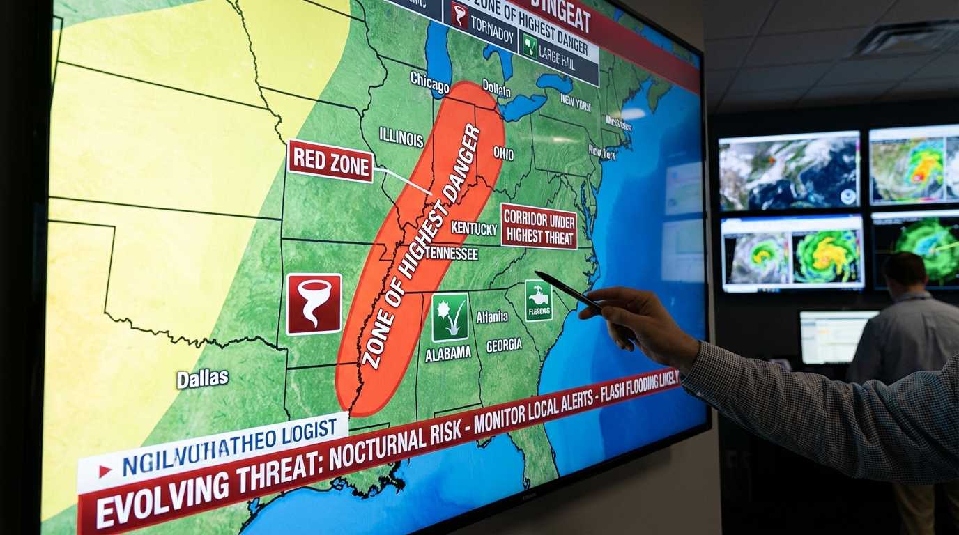 Digital weather radar map showing severe storm intensity and tracking vectors.