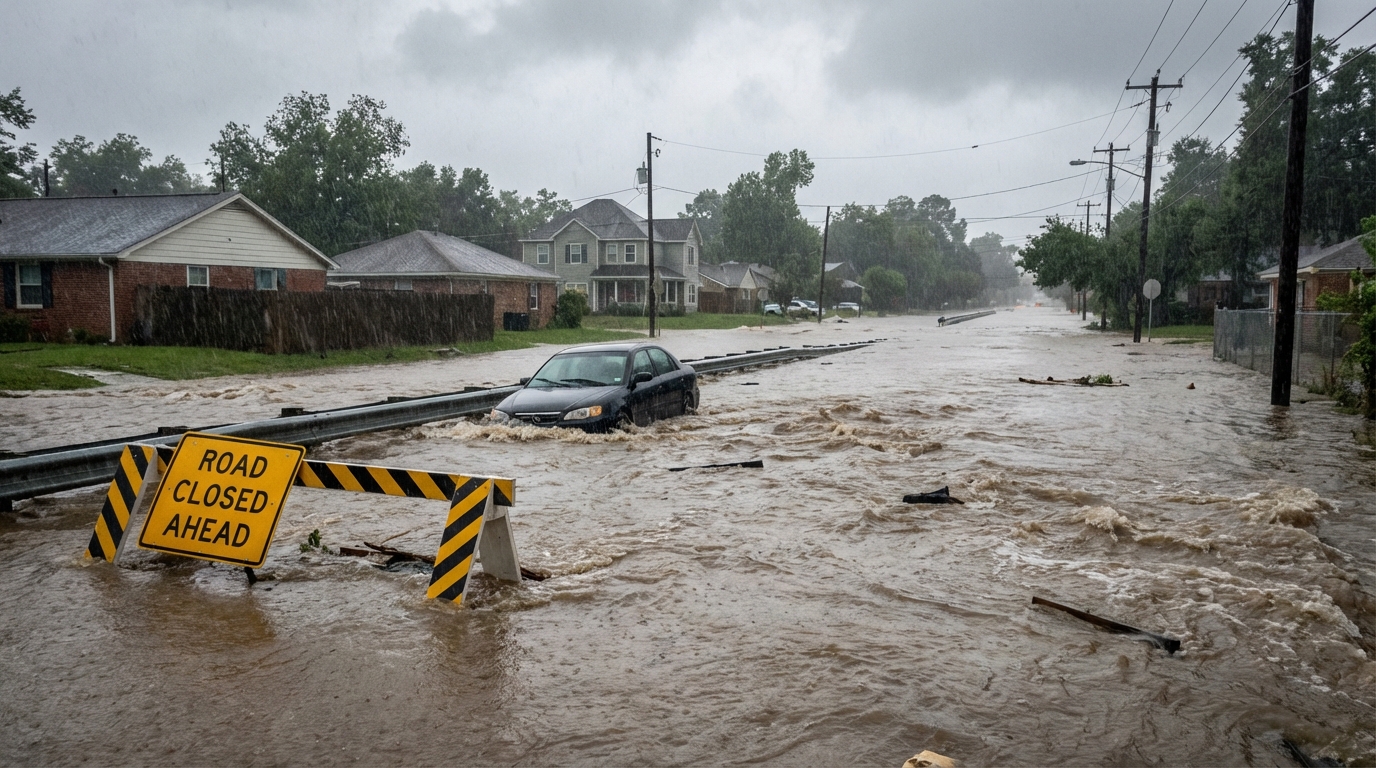 Flash flooding in a residential street with water rising around a parked vehicle.