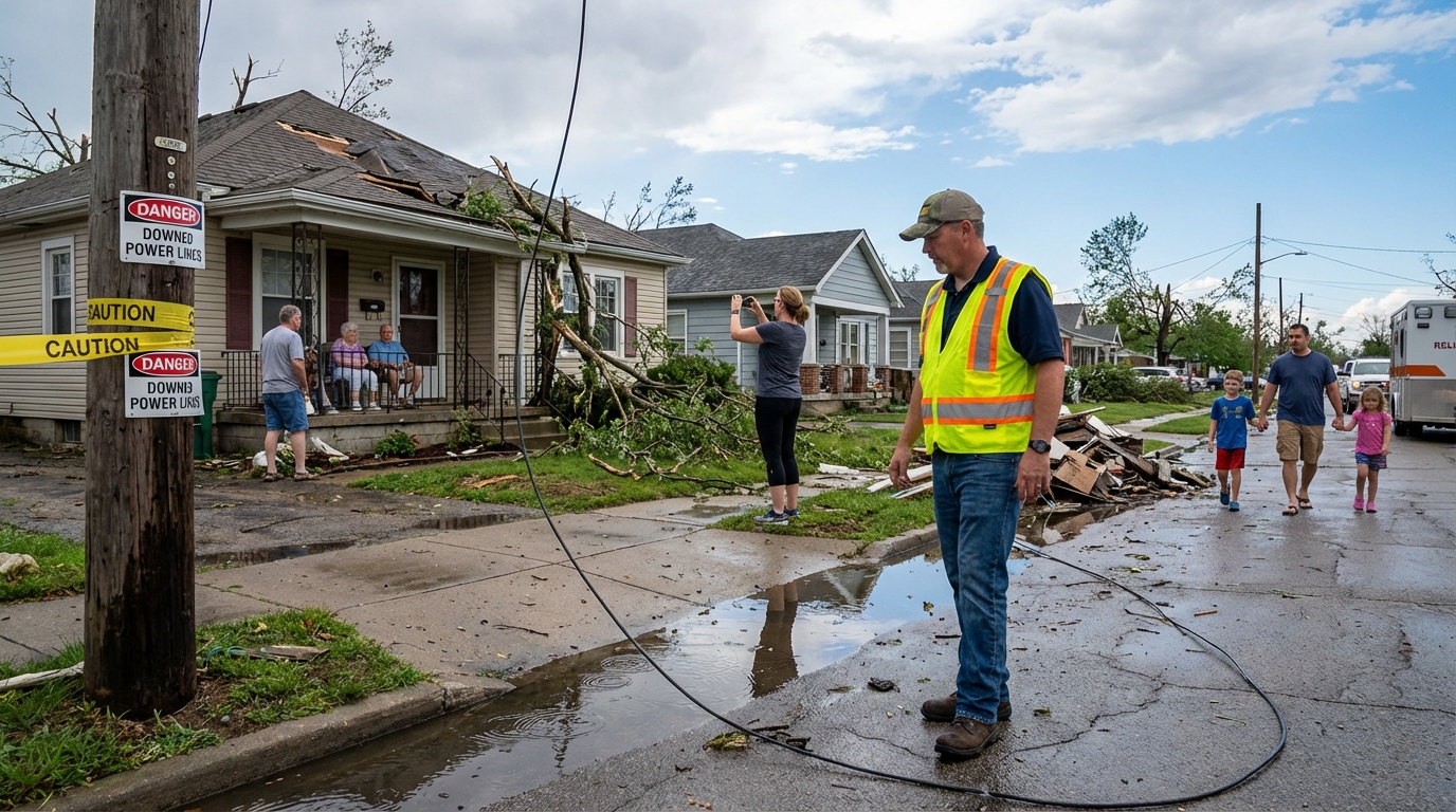 Community members working together to clear storm debris from a street.
