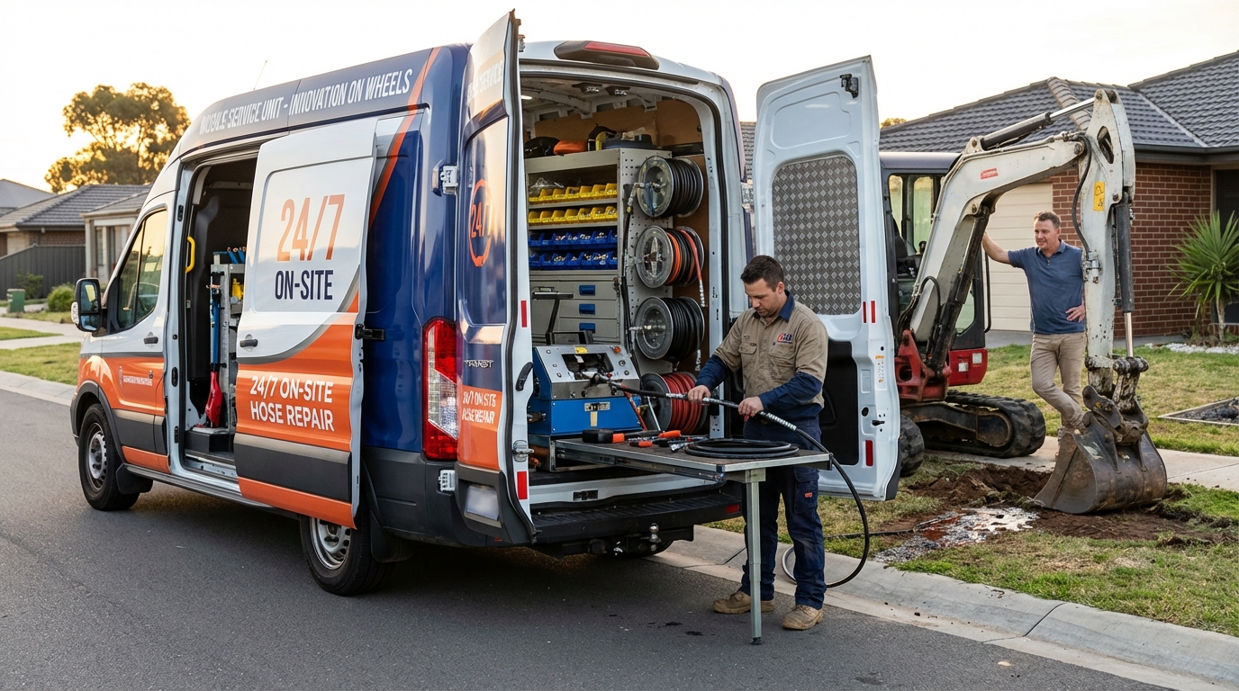Mobile hydraulic service van driving firmly on highway during sunset to a job site