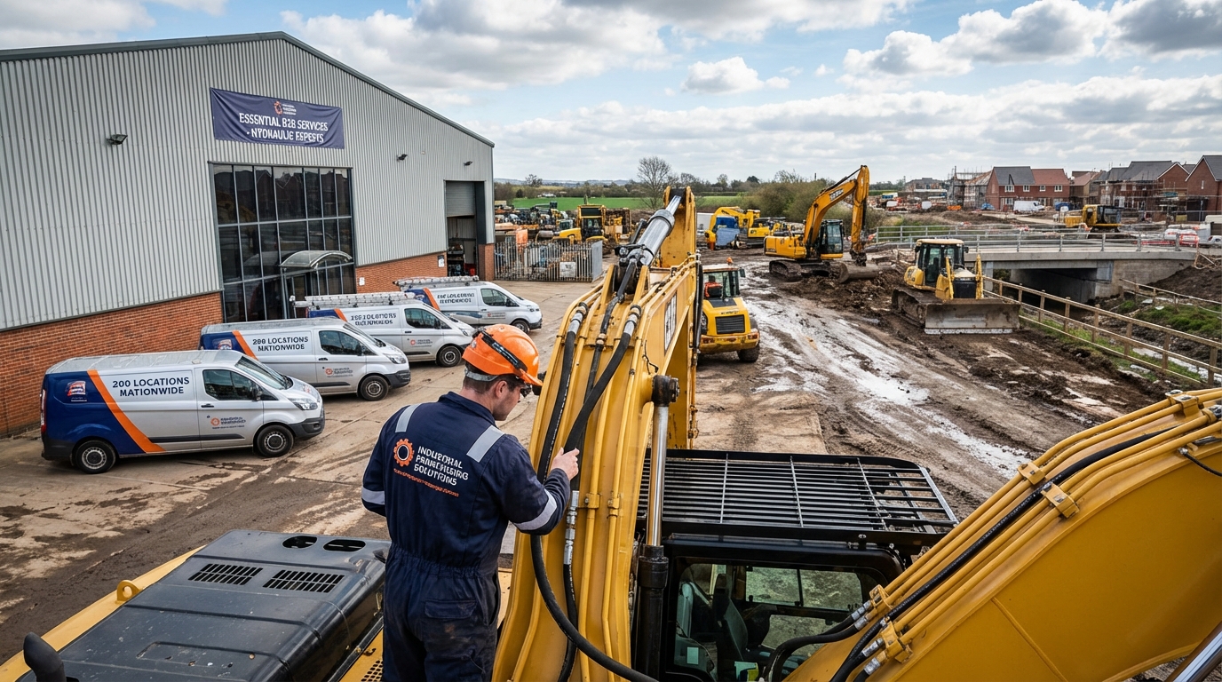 Split screen showing modern construction equipment and aging factory machinery both needing maintenance