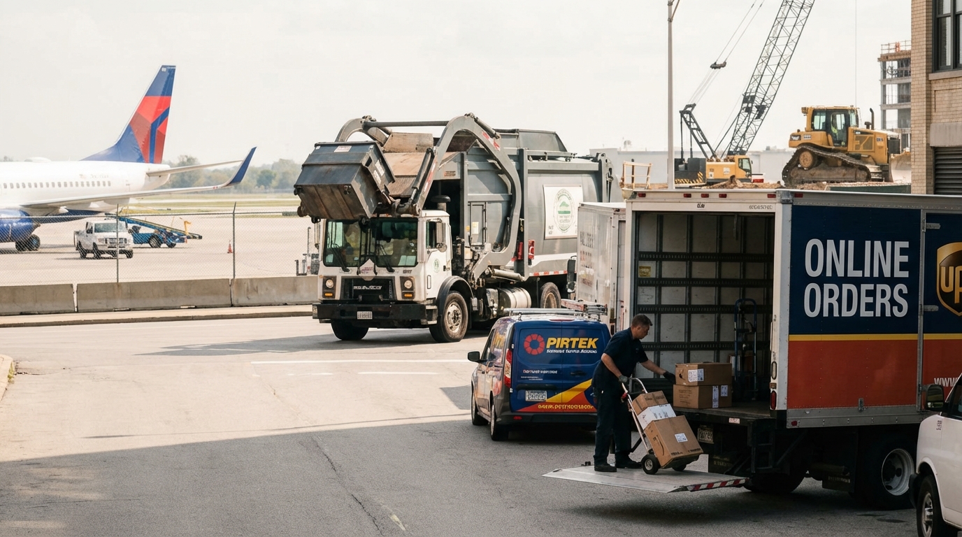 Montage of delivery truck, airplane, and garbage truck representing daily services relying on hydraulics