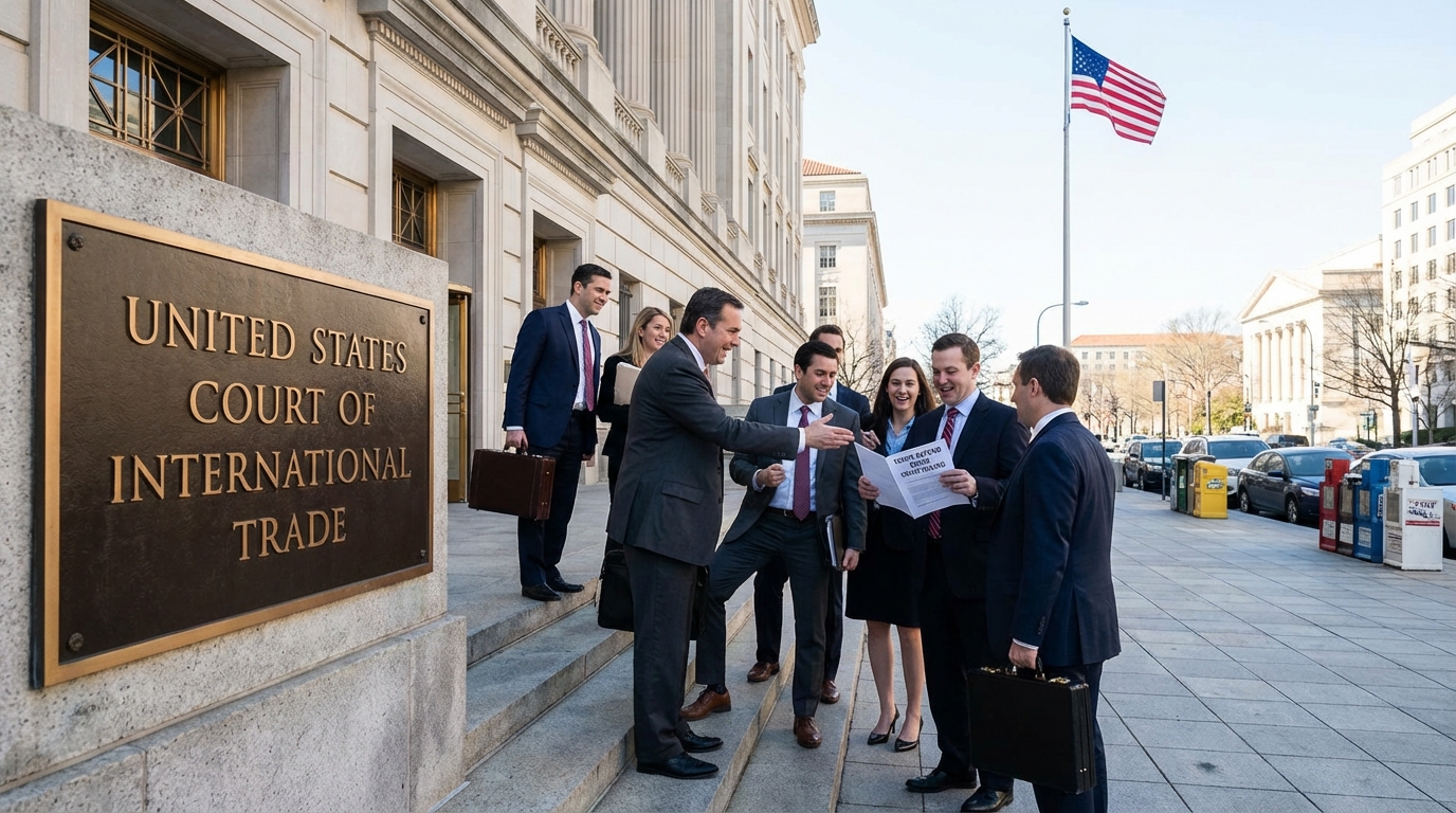 Judge gavel striking shipping containers symbolizing trade law victory