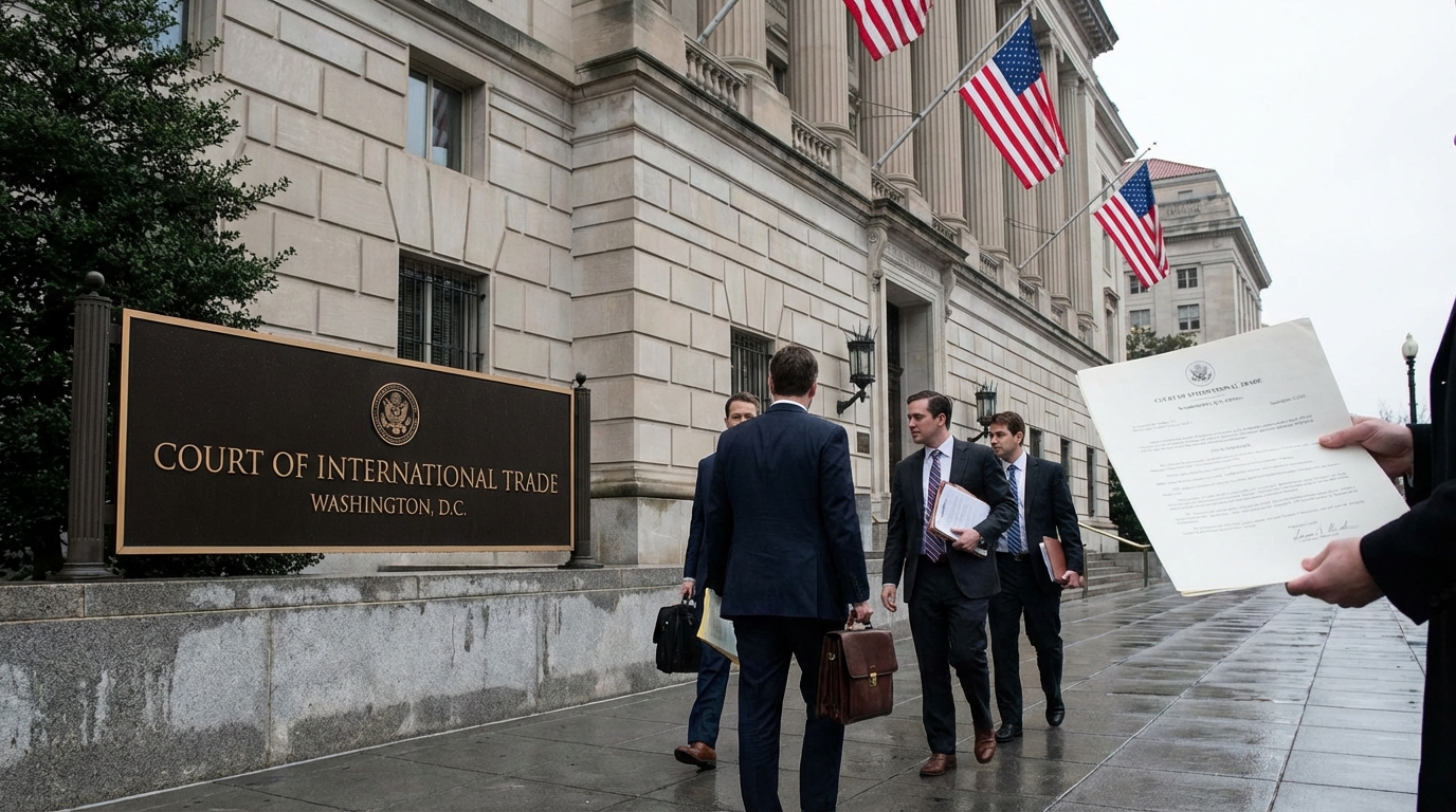 Legal document being signed approving tariff refunds with scales of justice