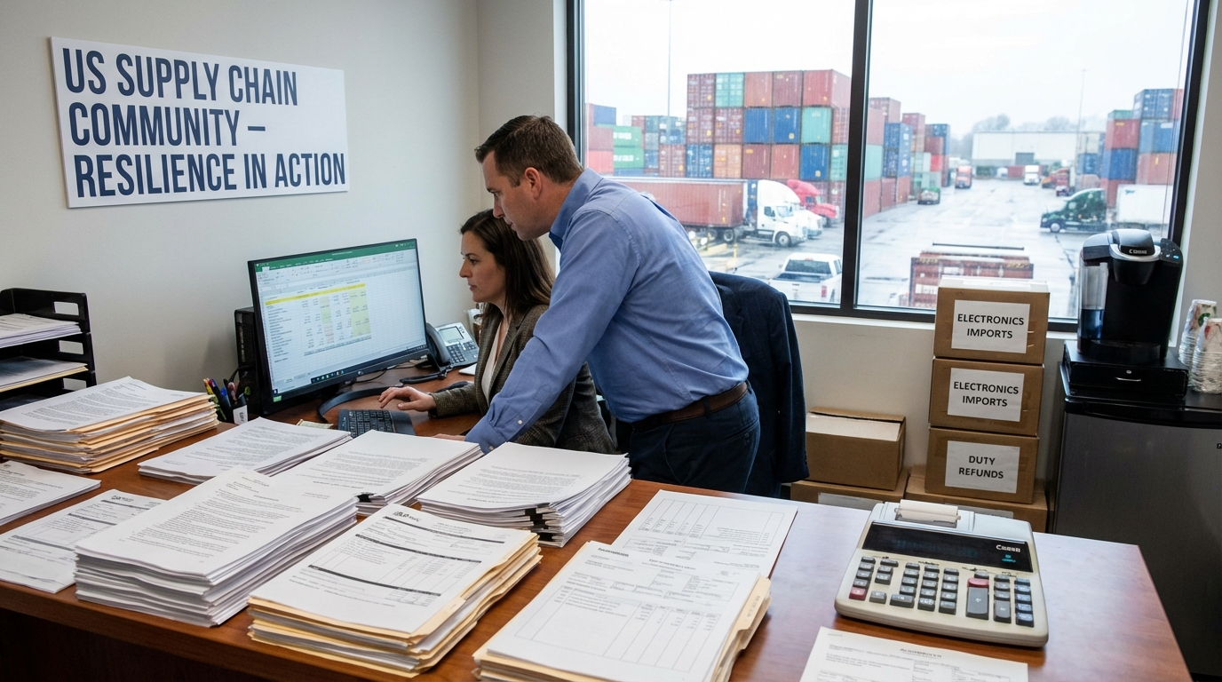 Commercial port with digital graphs showing economic growth