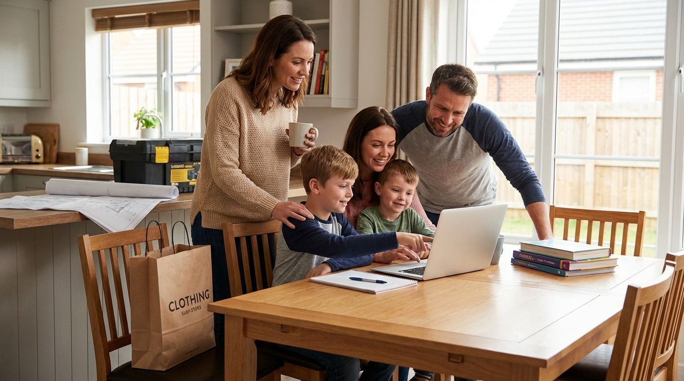 Family shopping in retail store appearing happy with prices