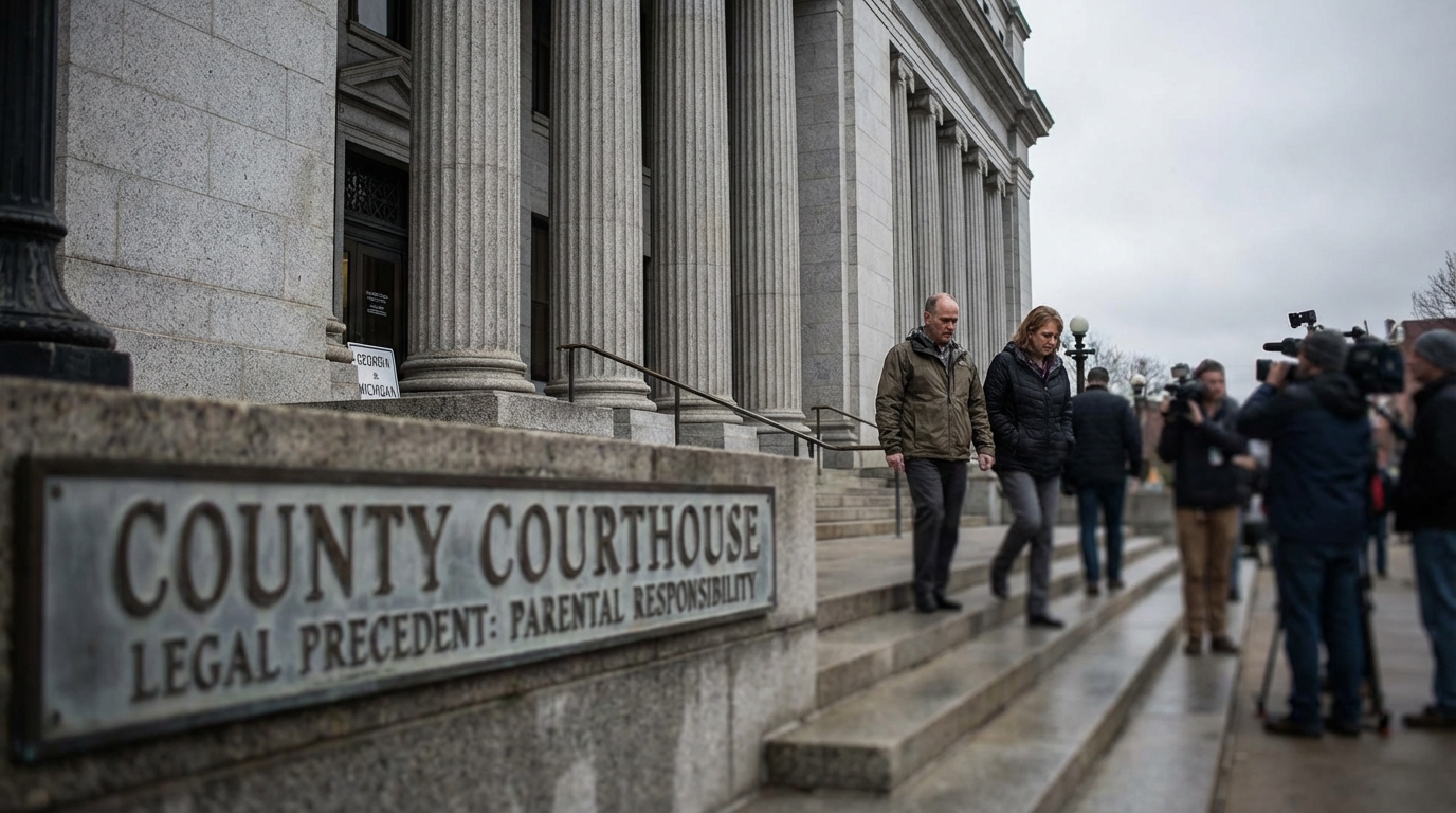 Empty courtroom representing the legal trial of parents of mass shooters