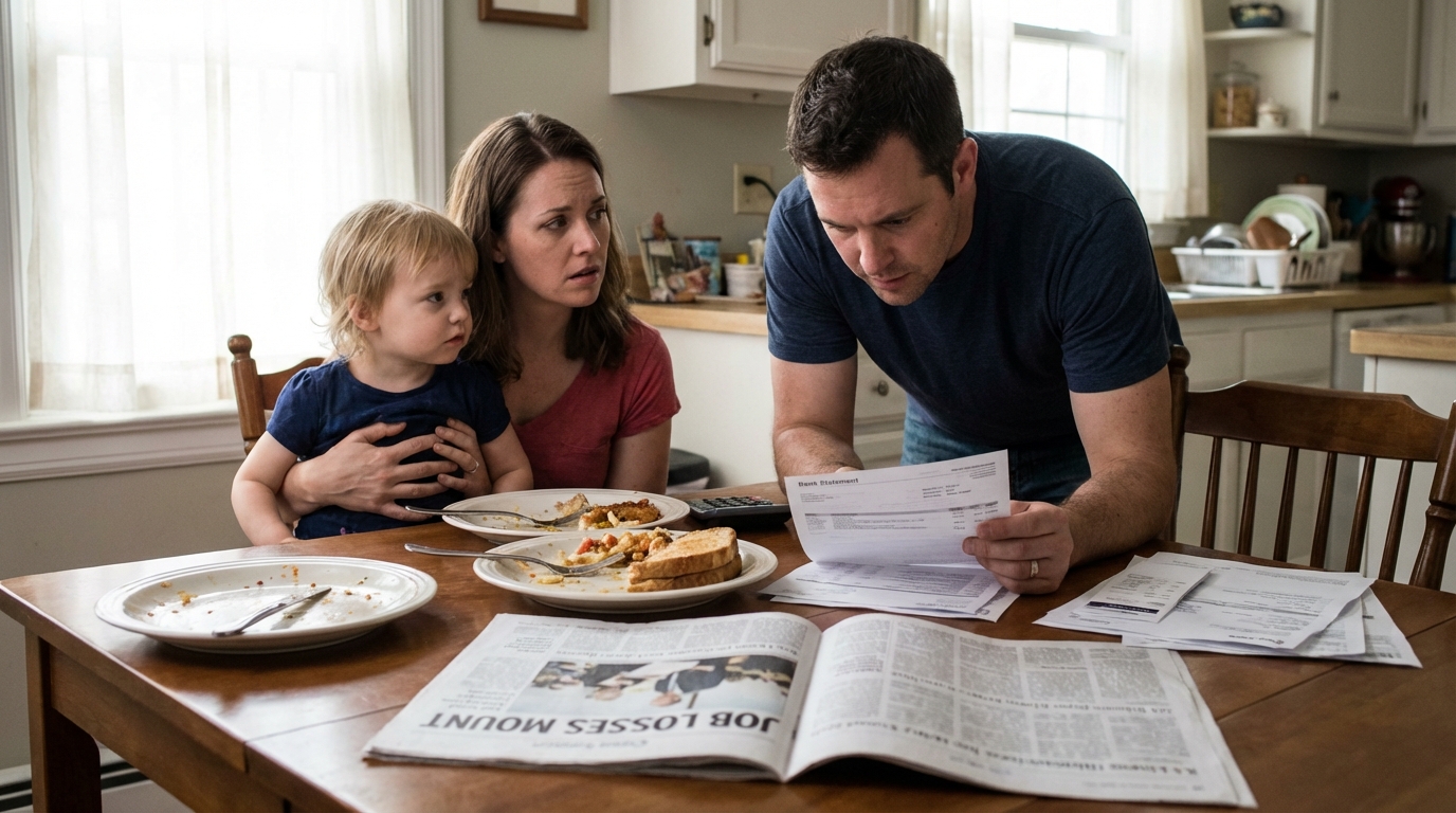 Couple managing household budget and bills at kitchen table