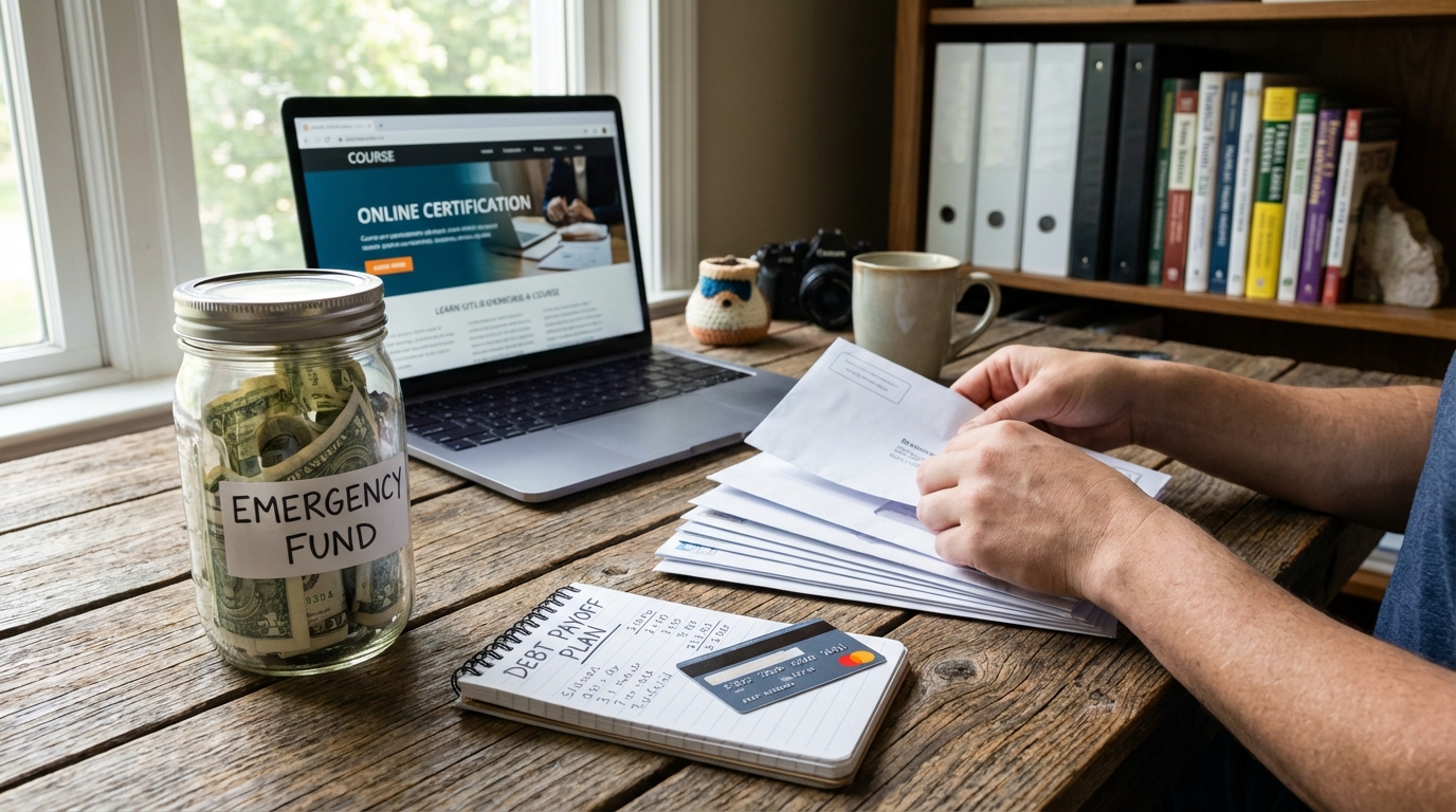 Emergency fund jar and strategic financial planning notebook