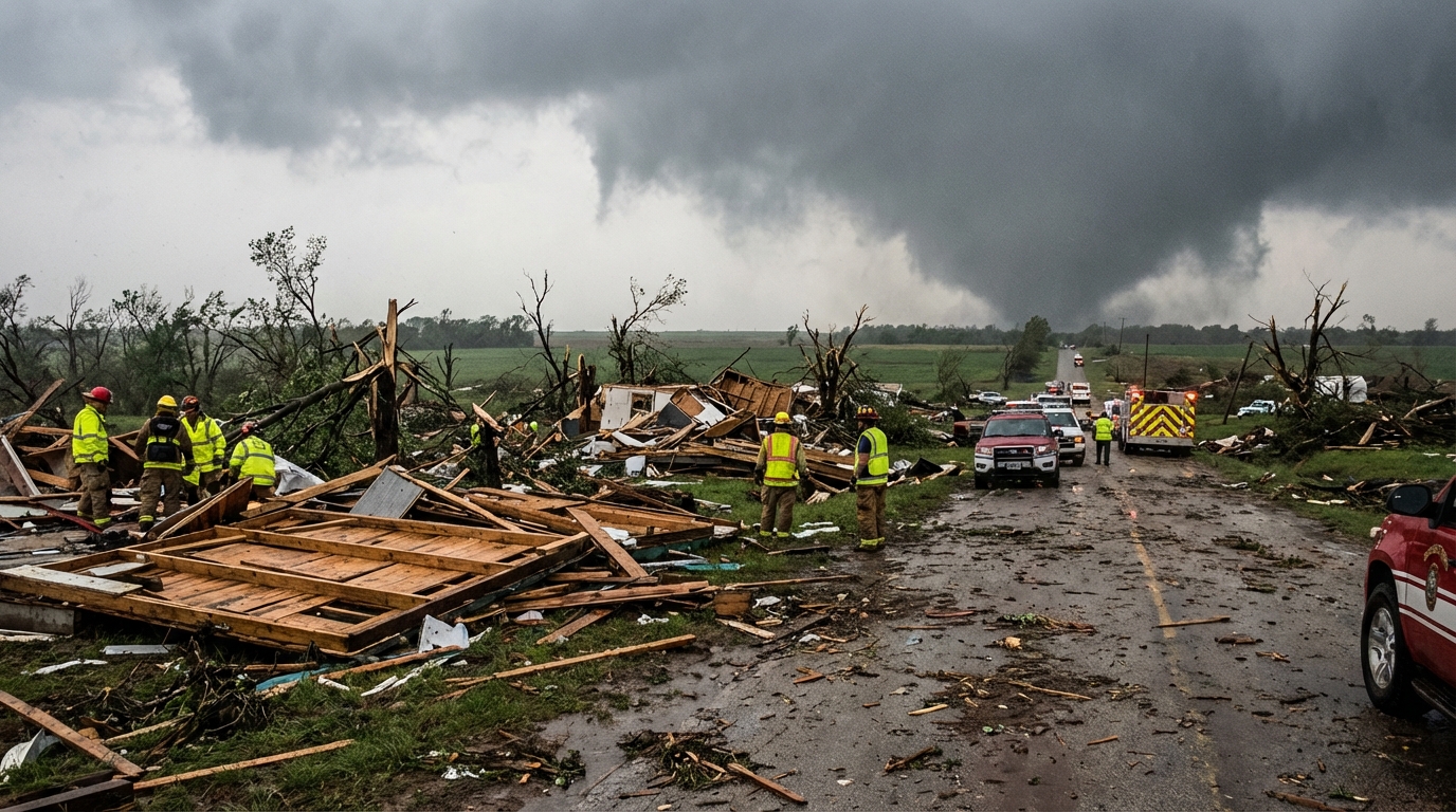 Aftermath of a tornado in Oklahoma showing debris and dark storm clouds at dawn.
