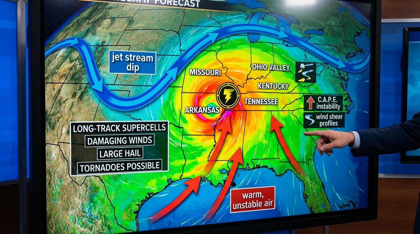 Meteorologist analyzing a severe weather map showing storm tracking eastward.