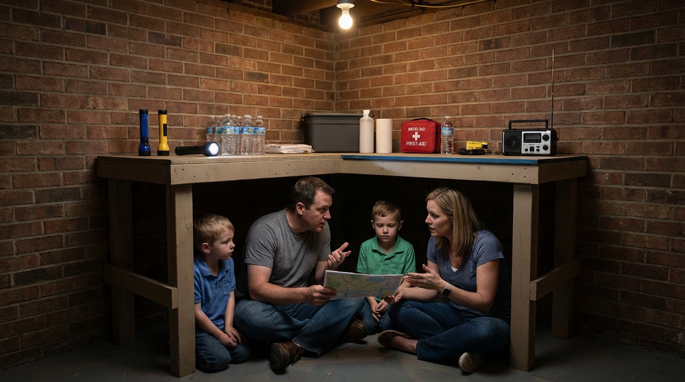 Family sheltering in a safe room with emergency supplies during a storm.