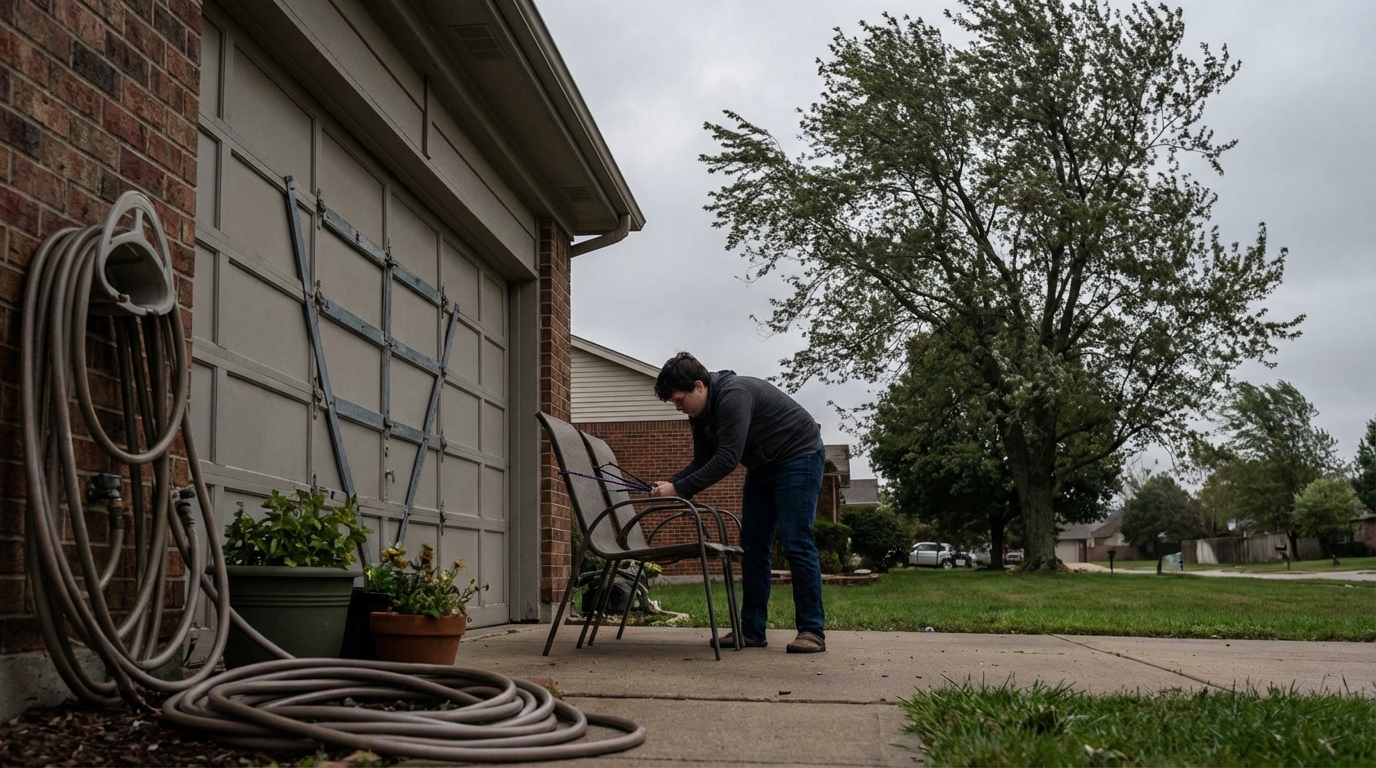 Homeowner securing property and reinforcing garage before a severe storm.