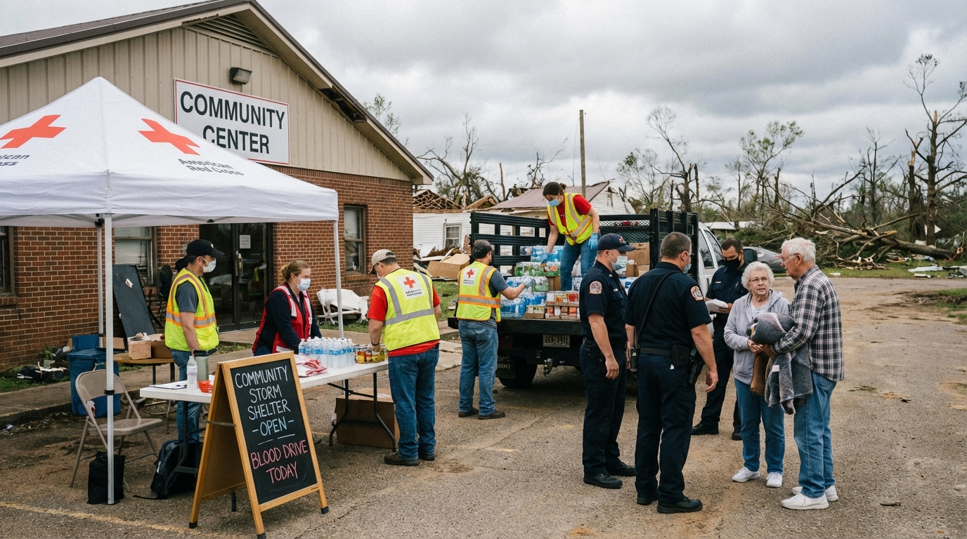 Search and rescue teams working in debris field at twilight with flashlights.