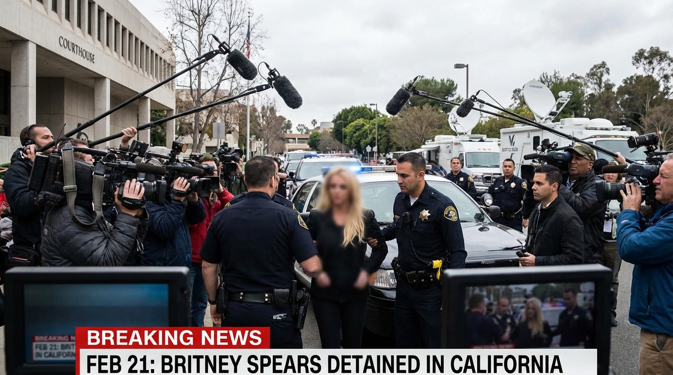 Breaking news scene showing police lights and paparazzi capturing the arrest of Britney Spears in California.