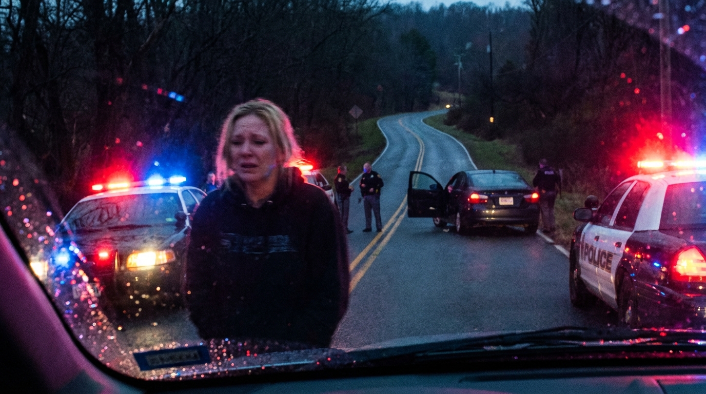 California highway at night with police vehicle lights reflecting on the road during a traffic stop.