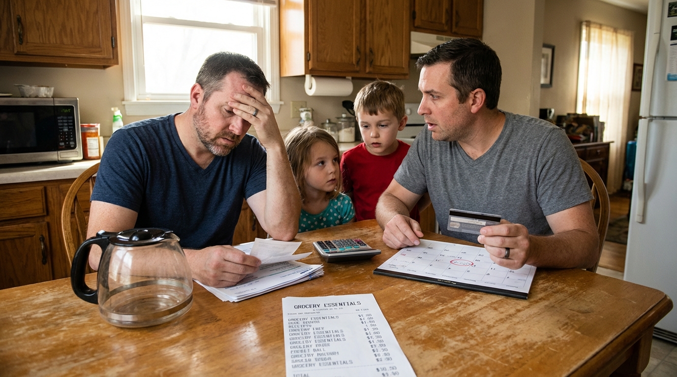 Couple budgeting at kitchen table reviewing family finances