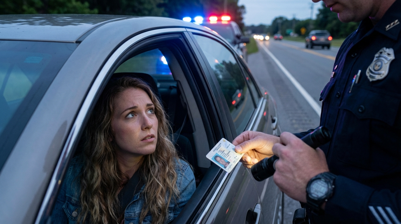 Driver gripping steering wheel tightly with police lights visible in rearview mirror