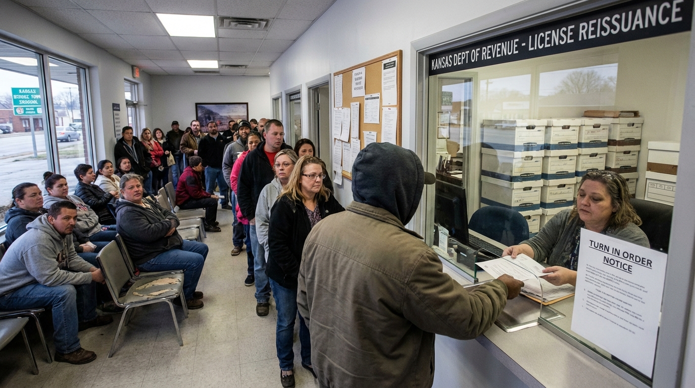 Inside a government DMV office waiting area with a number ticket in hand