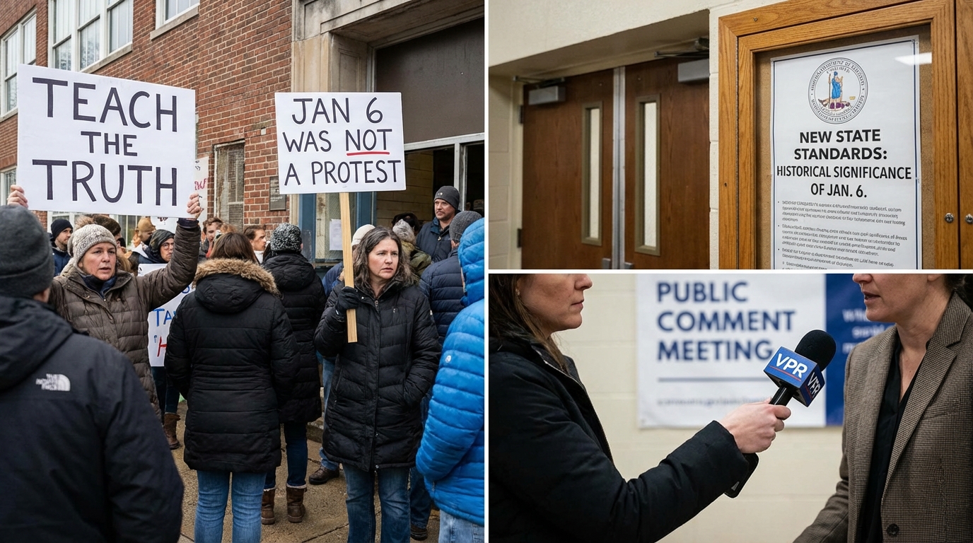 A sunlit Virginia high school history classroom with an open textbook and an American flag.