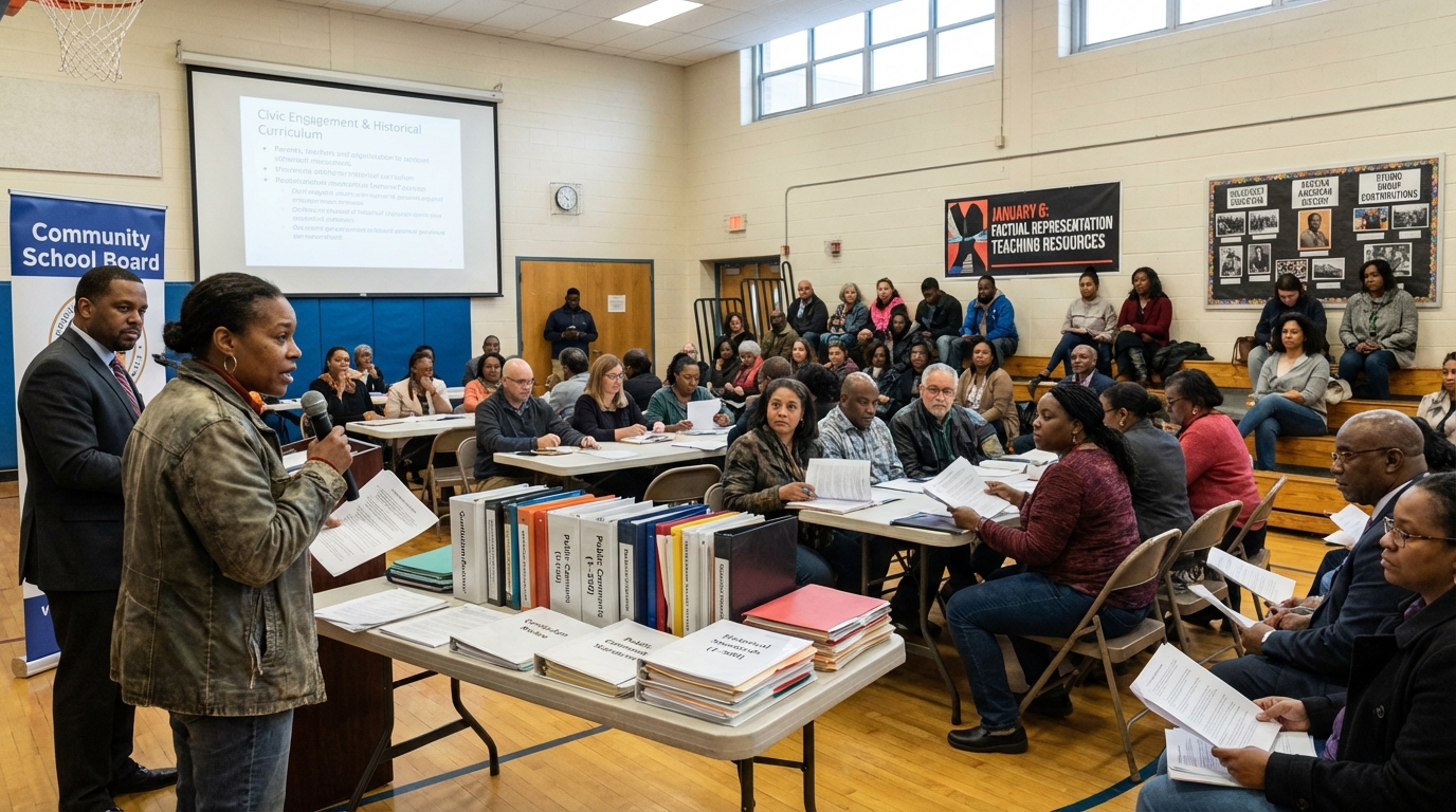 Parents and teachers discussing education standards at a town hall meeting.