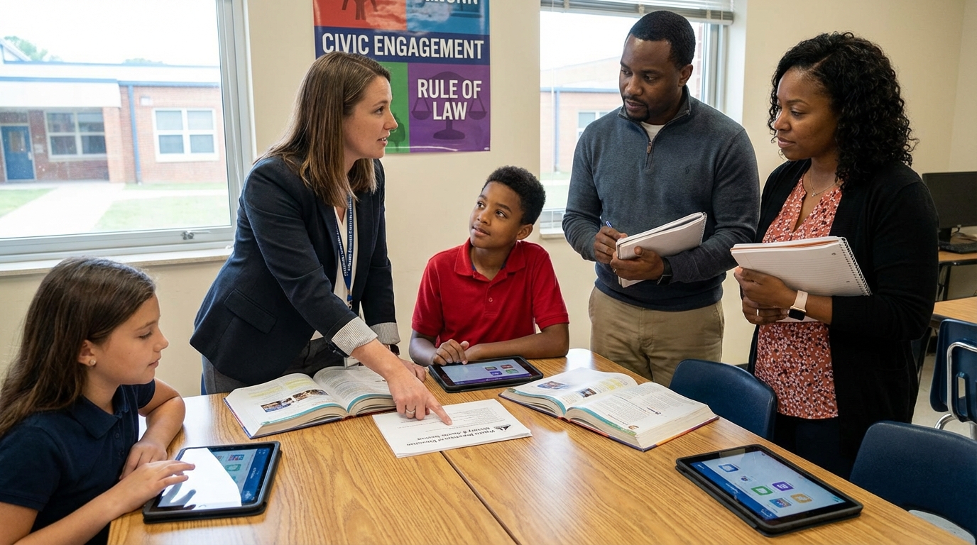 A student writing notes with a digital map of Virginia in the background.