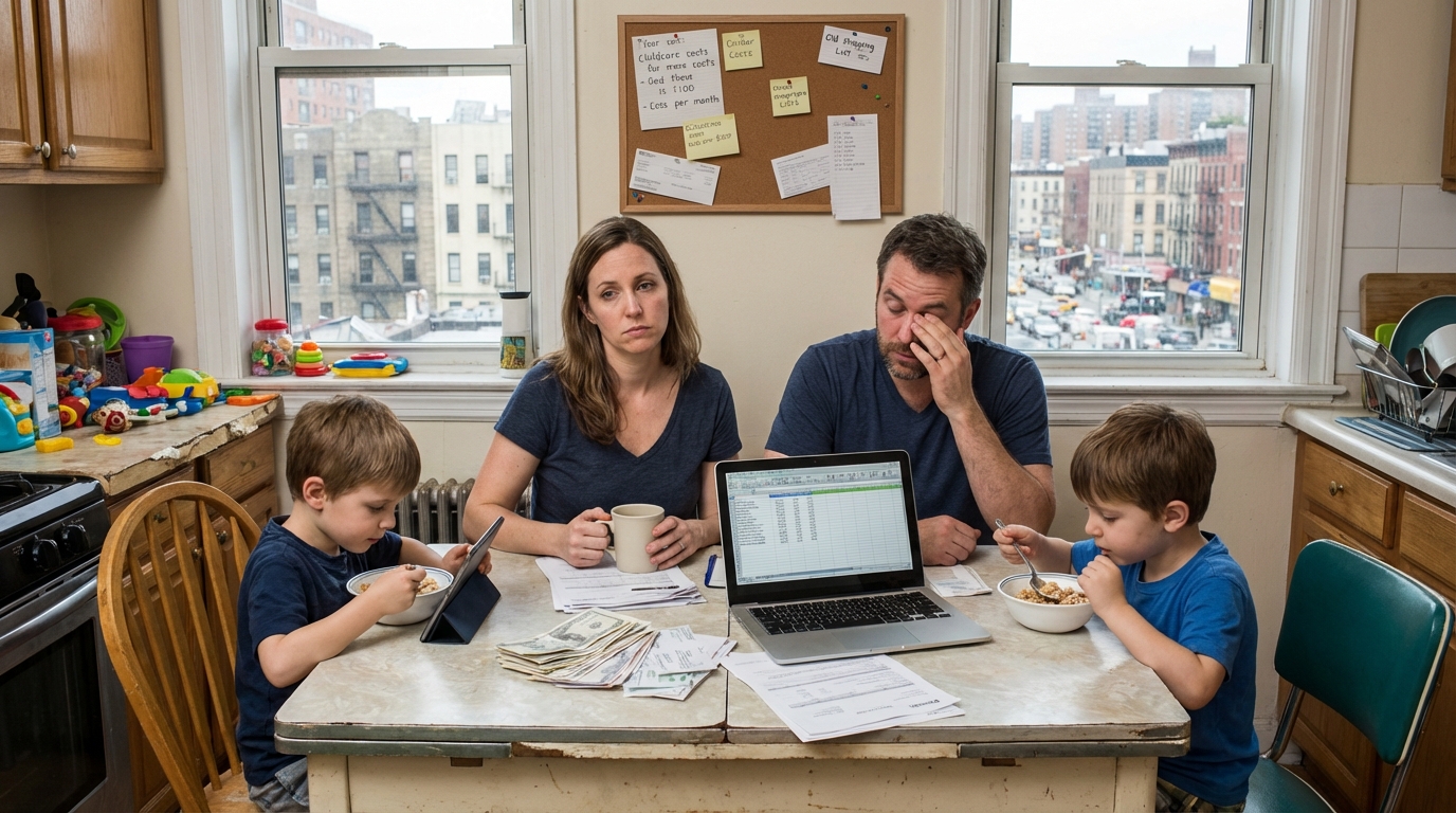 Couple in empty apartment surrounded by boxes looking worried