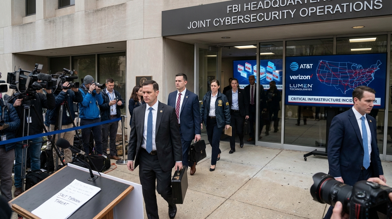 FBI agents investigating a server room breach with digital code leaking from fiber optic cables